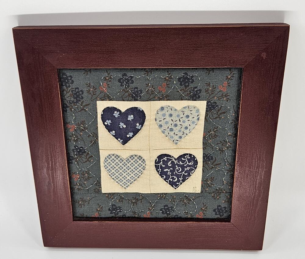 The Lewis Collection Framed Quilt Textile Art 4 Hearts Primitive Country